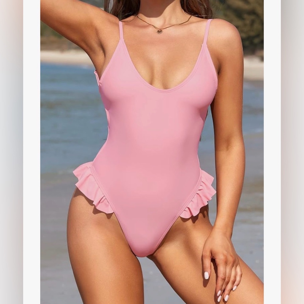 Women's Ruffle Thong One Piece Swimsuit U Neck Backless High Cut Bathing Suits